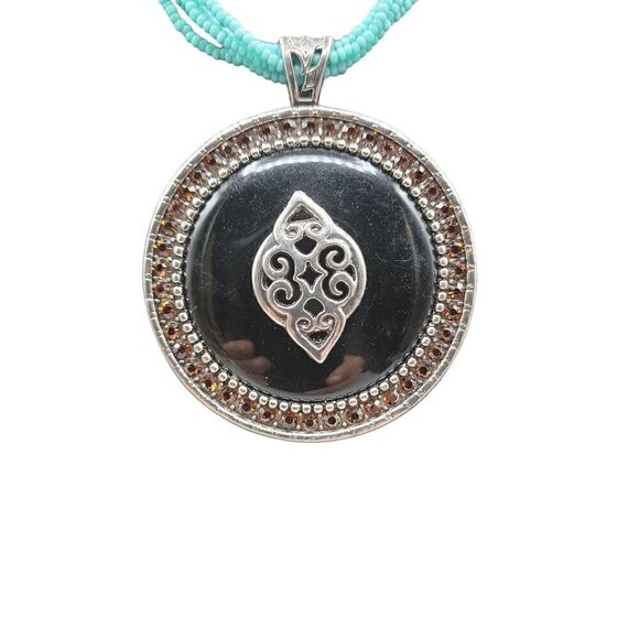 Faux Turquoise Large Pendant Necklace Runway Style Silver Tone 21" Beaded Chain - Picture 8 of 16